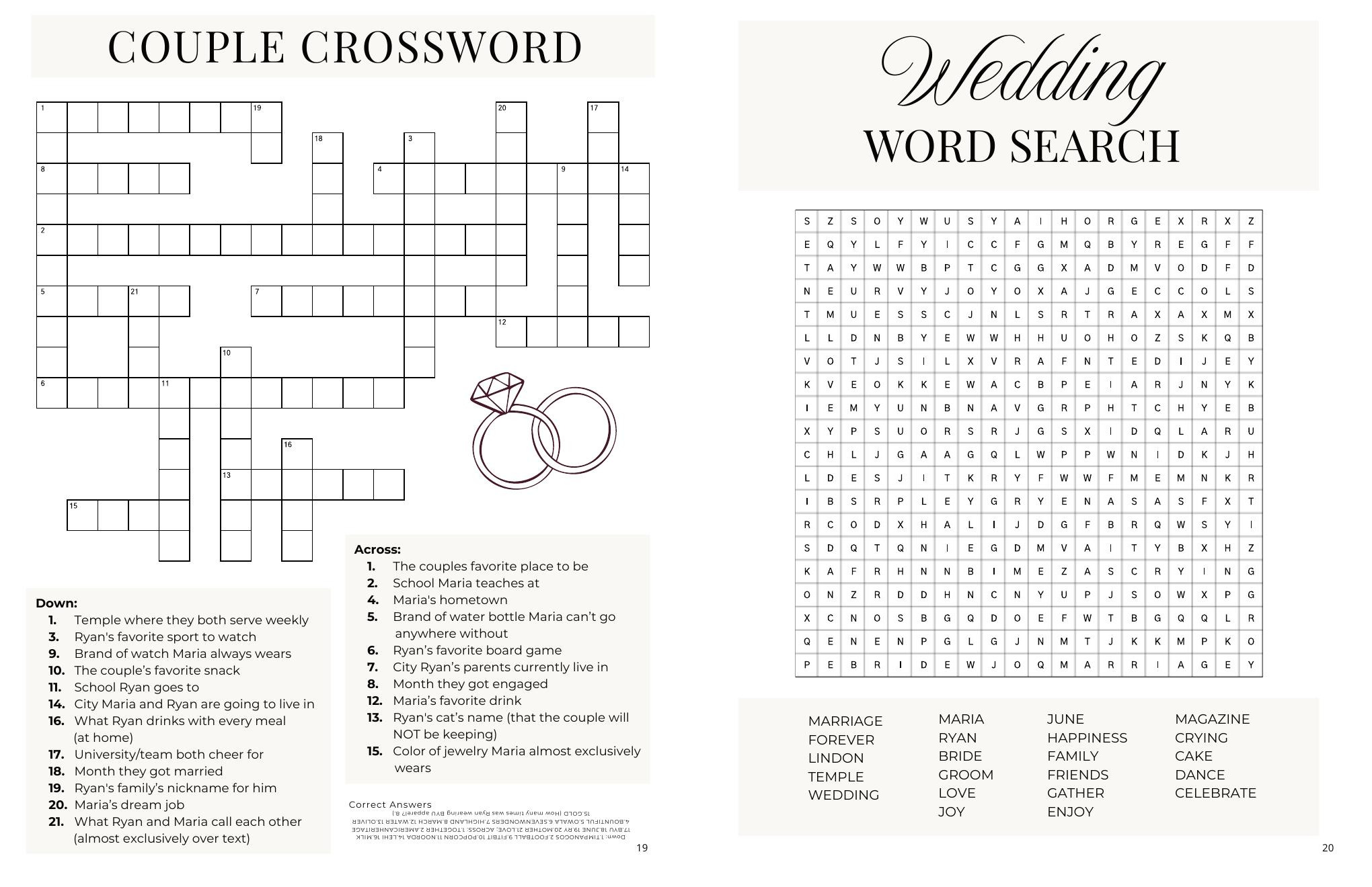 Actual custom couple crossword and wedding word search pages designed by Maria