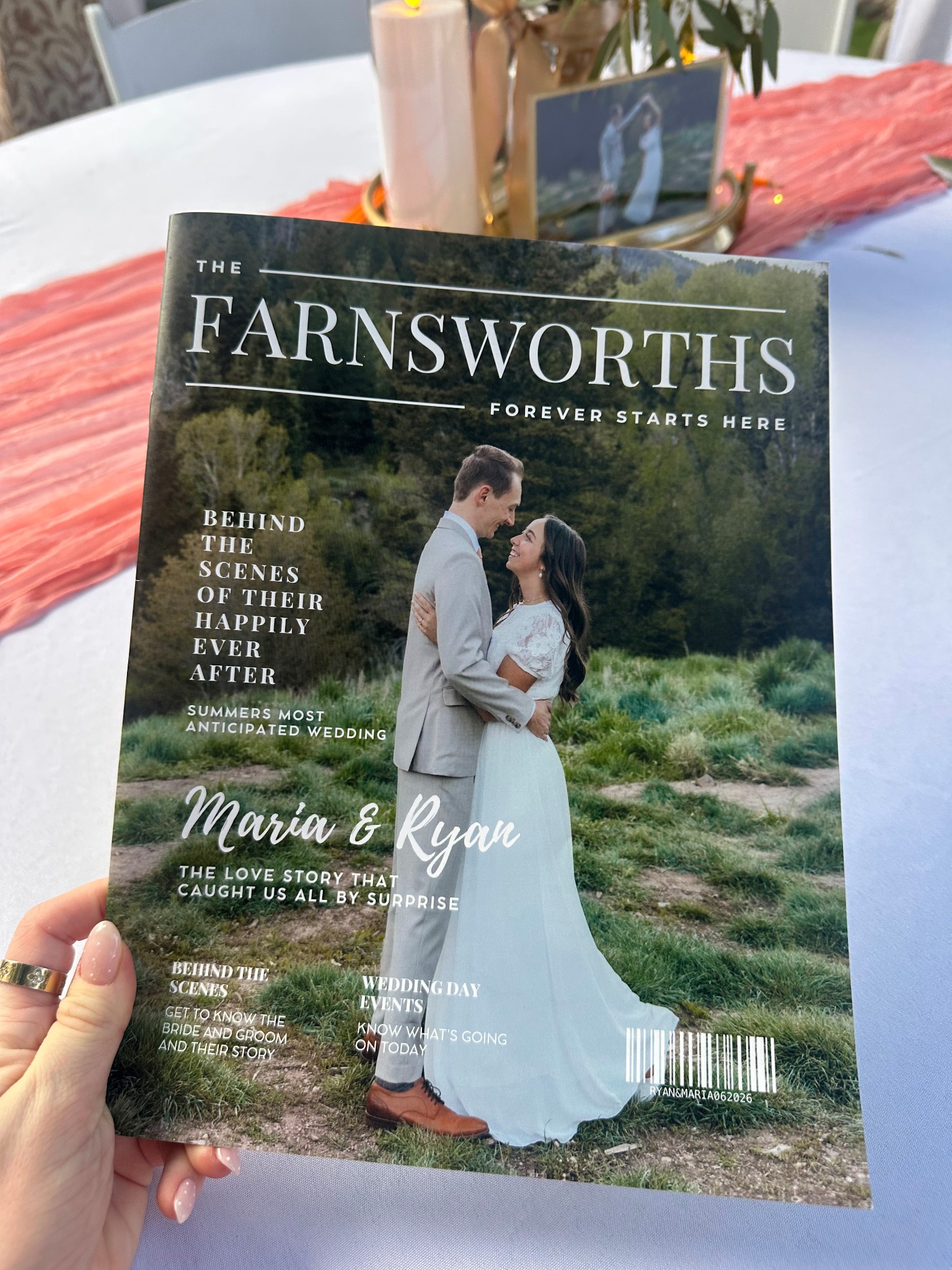 The Farnsworths custom wedding magazine held at Maria and Ryan's reception